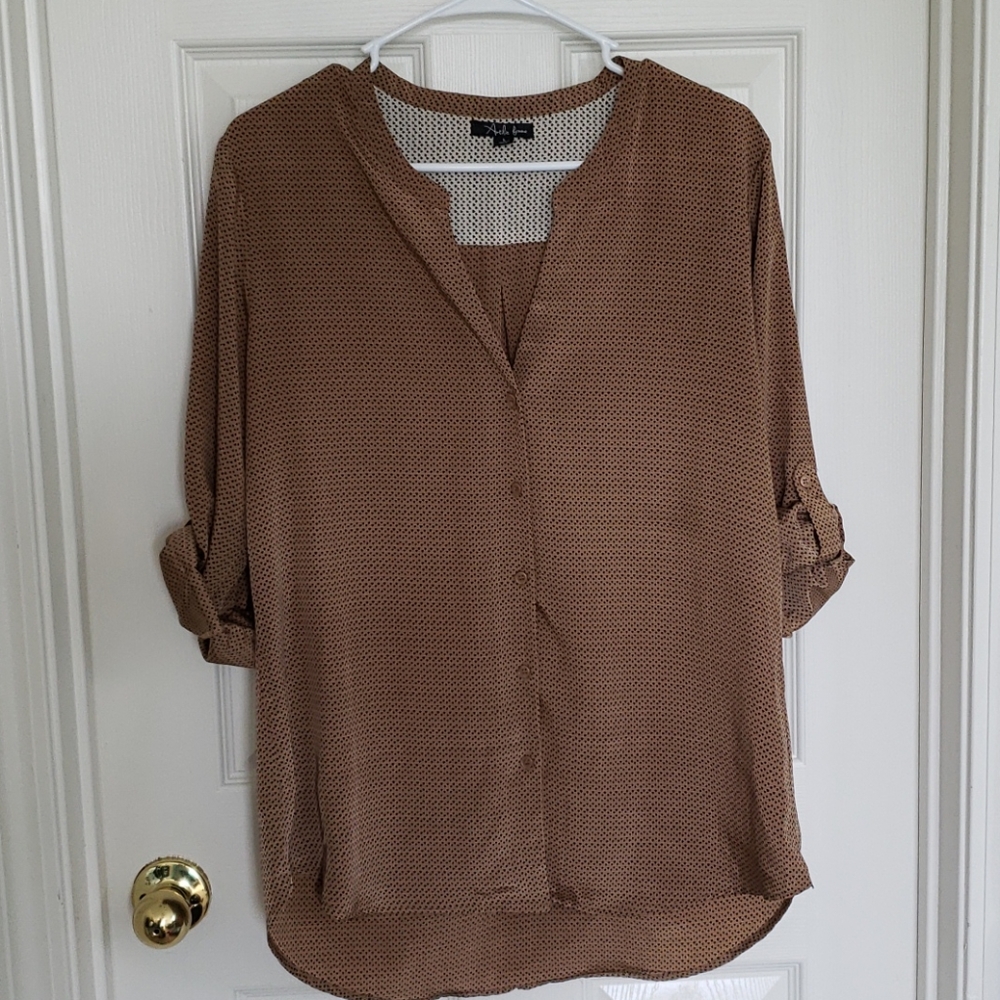 Tan Button down with Heart Pattern